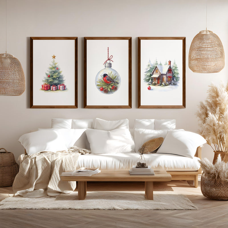 Painting Snowy Christmas Tree Nursery Wall Art - Dark Brown Framed Poster No Border - Artworksets