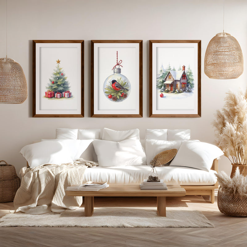 Painting Snowy Christmas Tree Nursery Wall Art - Dark Brown Framed Poster with White Border - Artworksets
