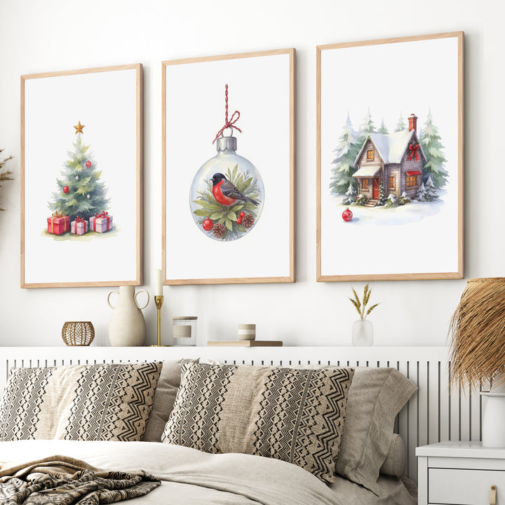 Painting Snowy Christmas Tree Nursery Wall Art - Natural Wood Framed Poster No Border - Artworksets