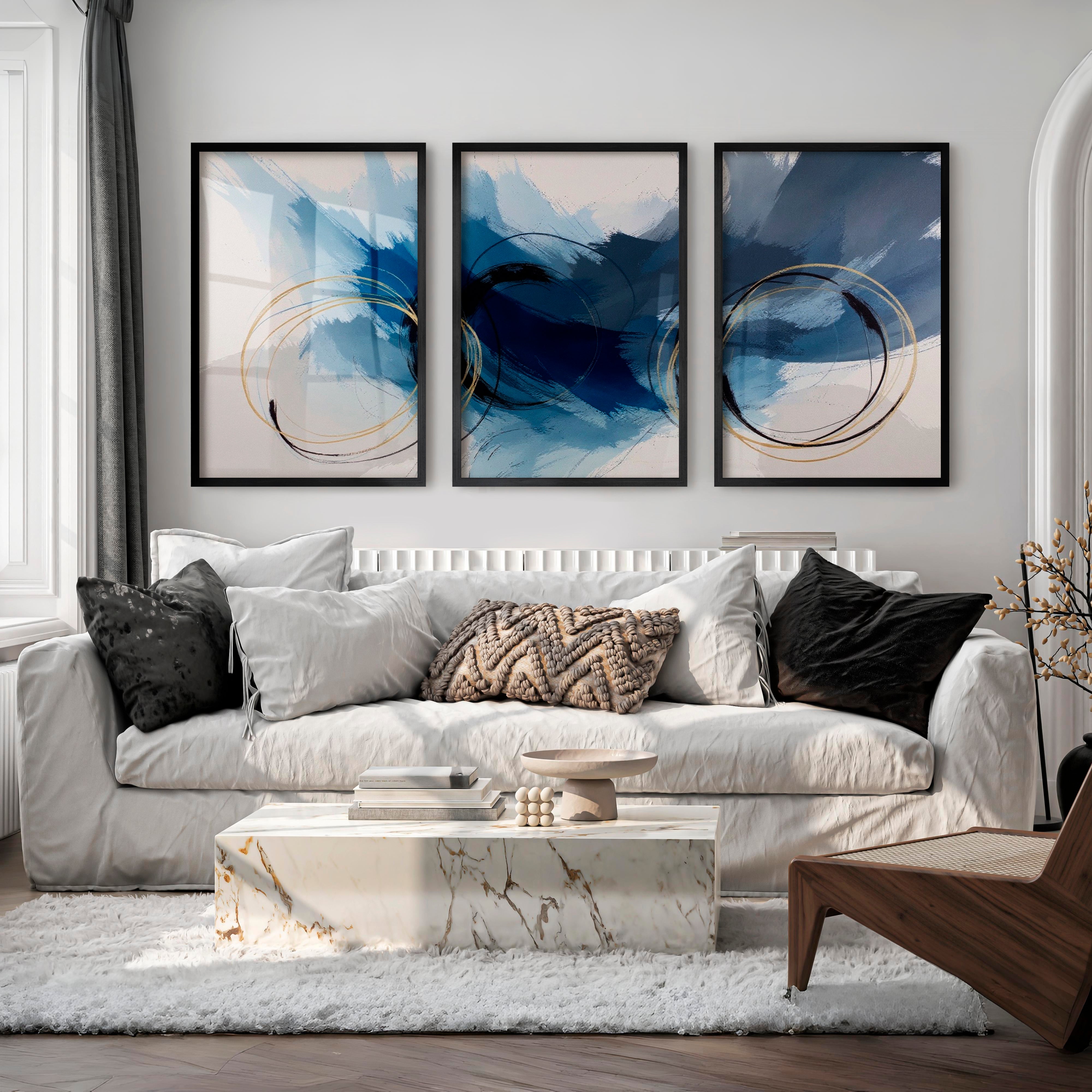 Paintings Abstract for Sale – Blue & Gold Modern Wall Art Set of 3 - Black Framed Poster No Border - Artworksets