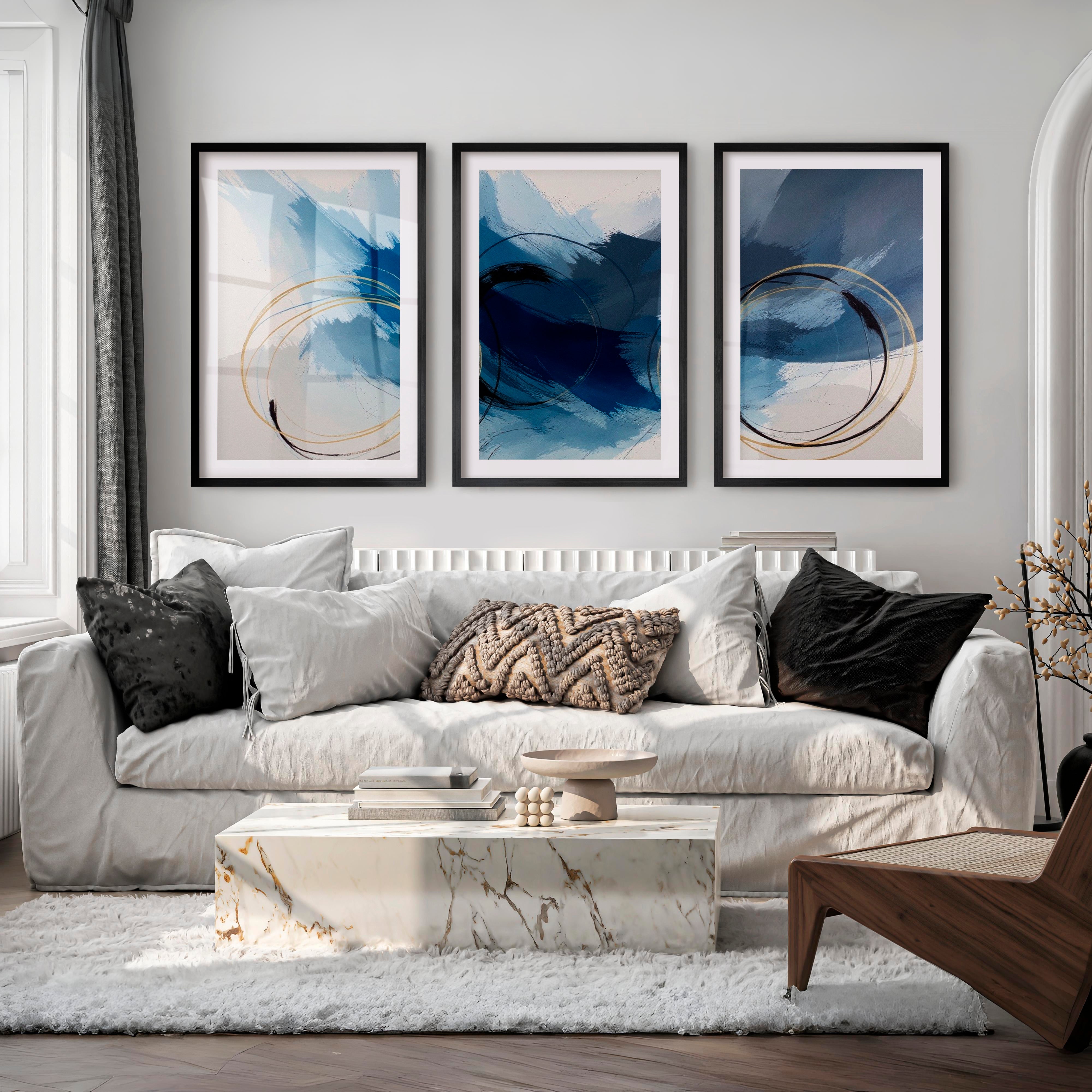 Paintings Abstract for Sale – Blue & Gold Modern Wall Art Set of 3 - Black Framed Poster with White Border - Artworksets