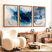Paintings Abstract for Sale – Blue & Gold Modern Wall Art Set of 3 - Dark Brown Framed Poster No Border - Artworksets