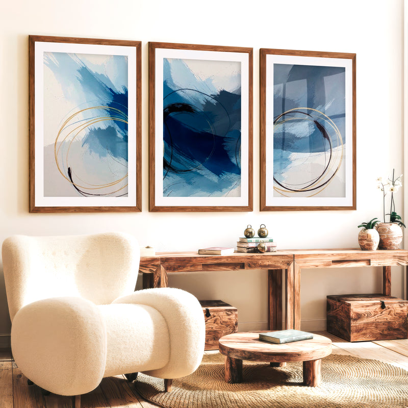 Paintings Abstract for Sale – Blue & Gold Modern Wall Art Set of 3 - Dark Brown Framed Poster with White Border - Artworksets