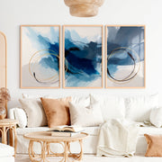 Paintings Abstract for Sale – Blue & Gold Modern Wall Art Set of 3 - Natural Wood Framed Poster No Border - Artworksets
