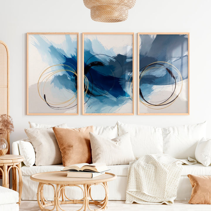 Paintings Abstract for Sale – Blue & Gold Modern Wall Art Set of 3 - Natural Wood Framed Poster No Border - Artworksets