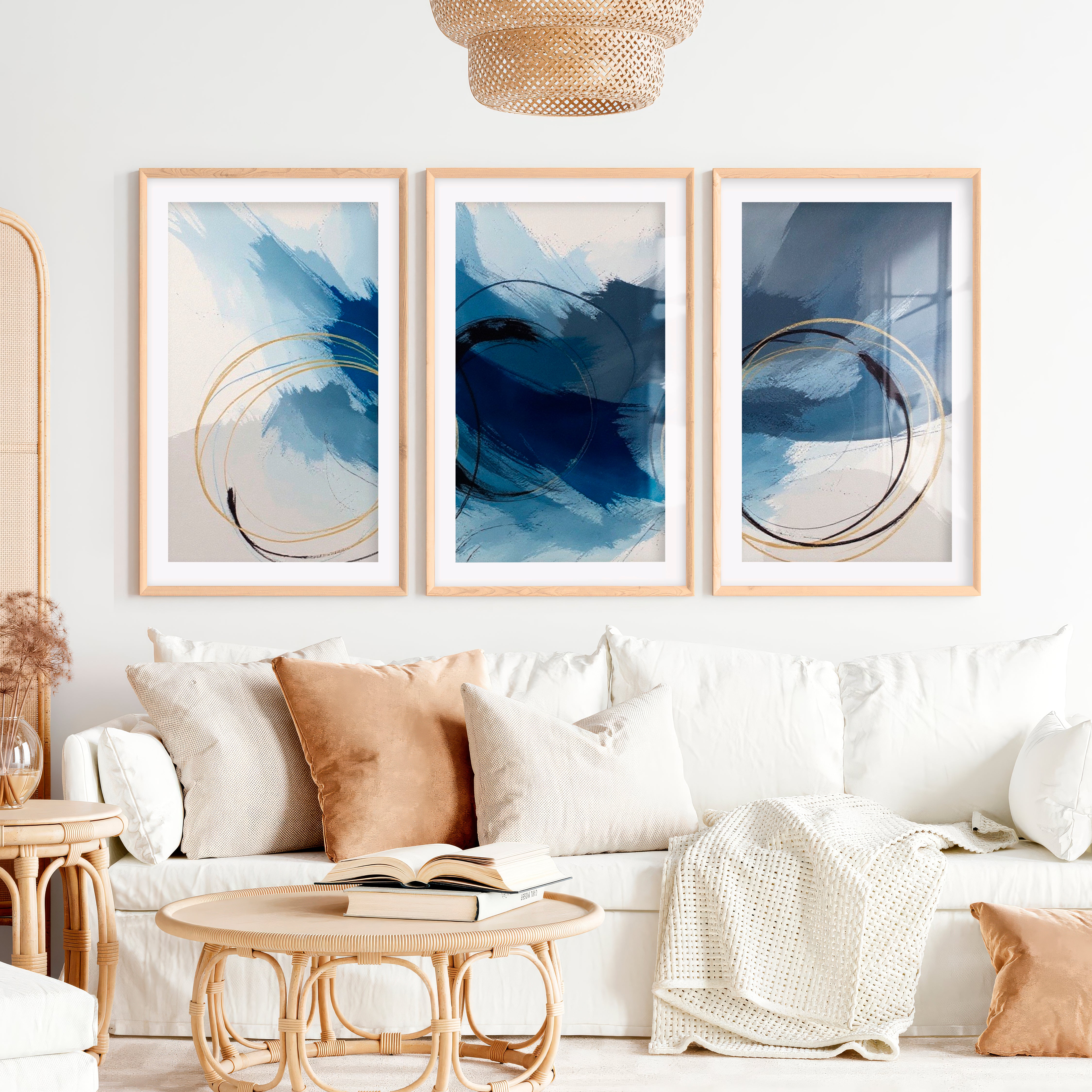 Paintings Abstract for Sale – Blue & Gold Modern Wall Art Set of 3- Natural Wood Framed Poster with White Border - Artworksets