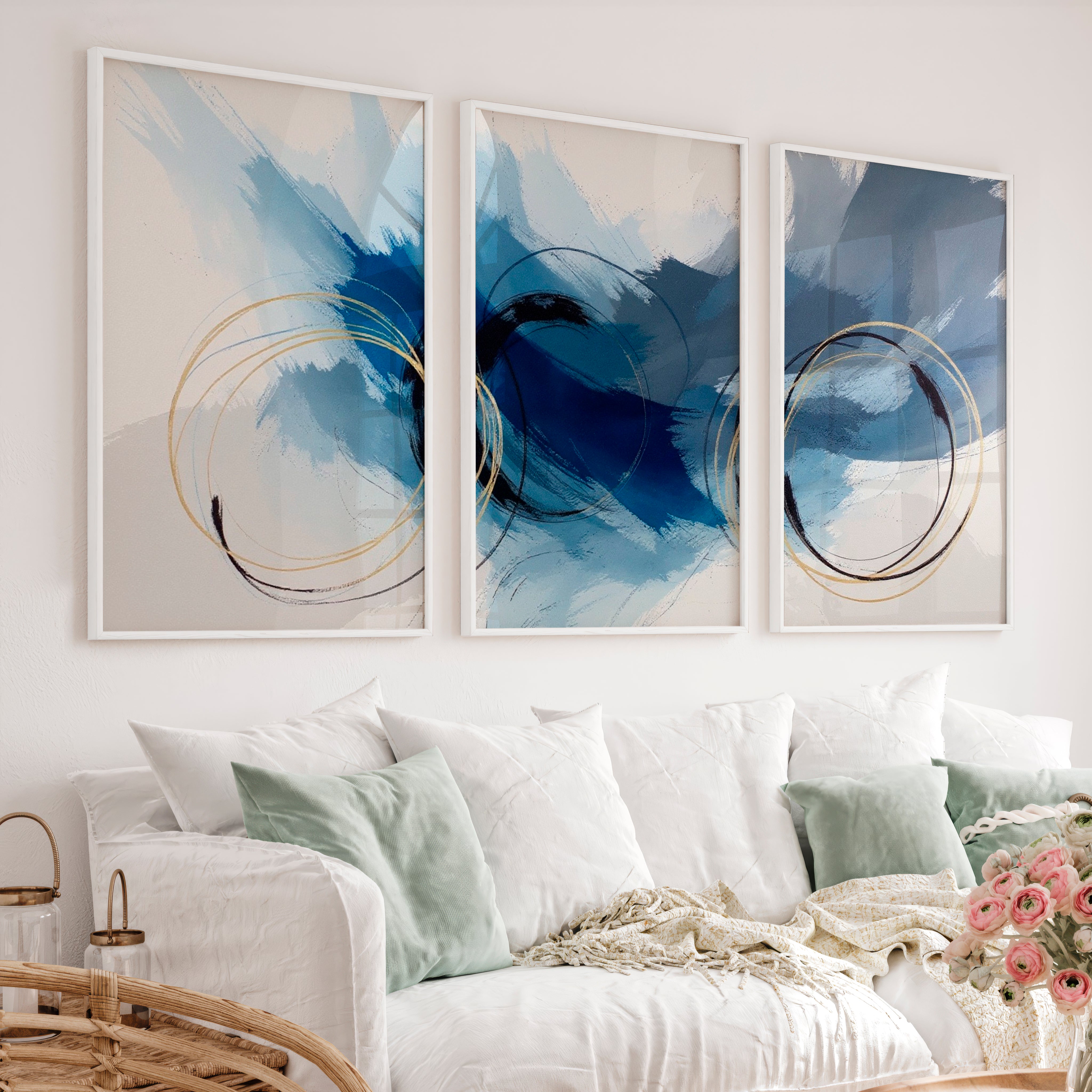 Paintings Abstract for Sale – Blue & Gold Modern Wall Art Set of 3 - White Framed Poster No Border - Artworksets
