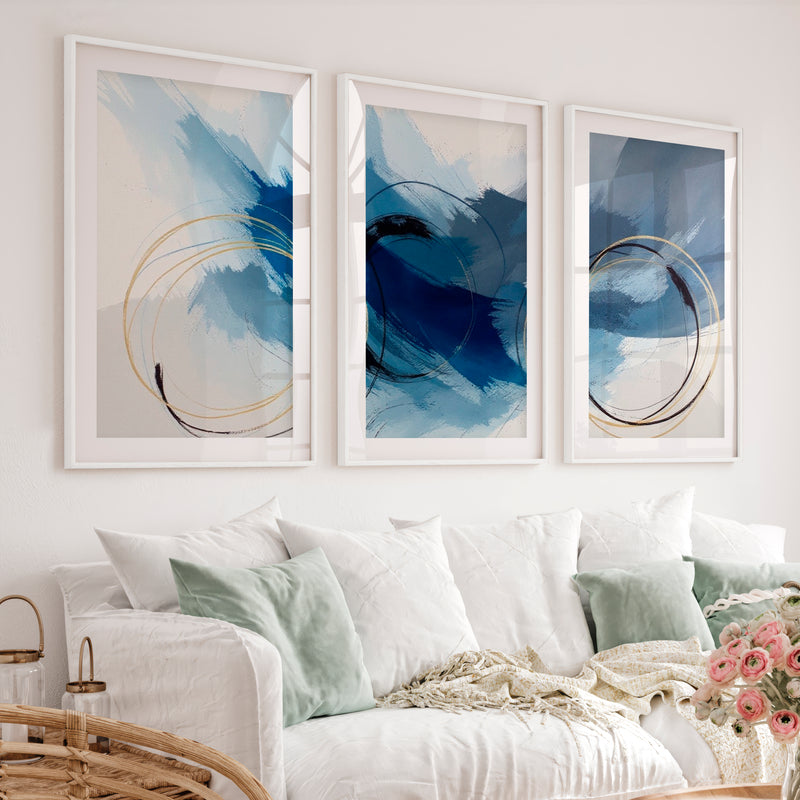 Paintings Abstract for Sale – Blue & Gold Modern Wall Art Set of 3 - White Framed Poster with White Border - Artworksets