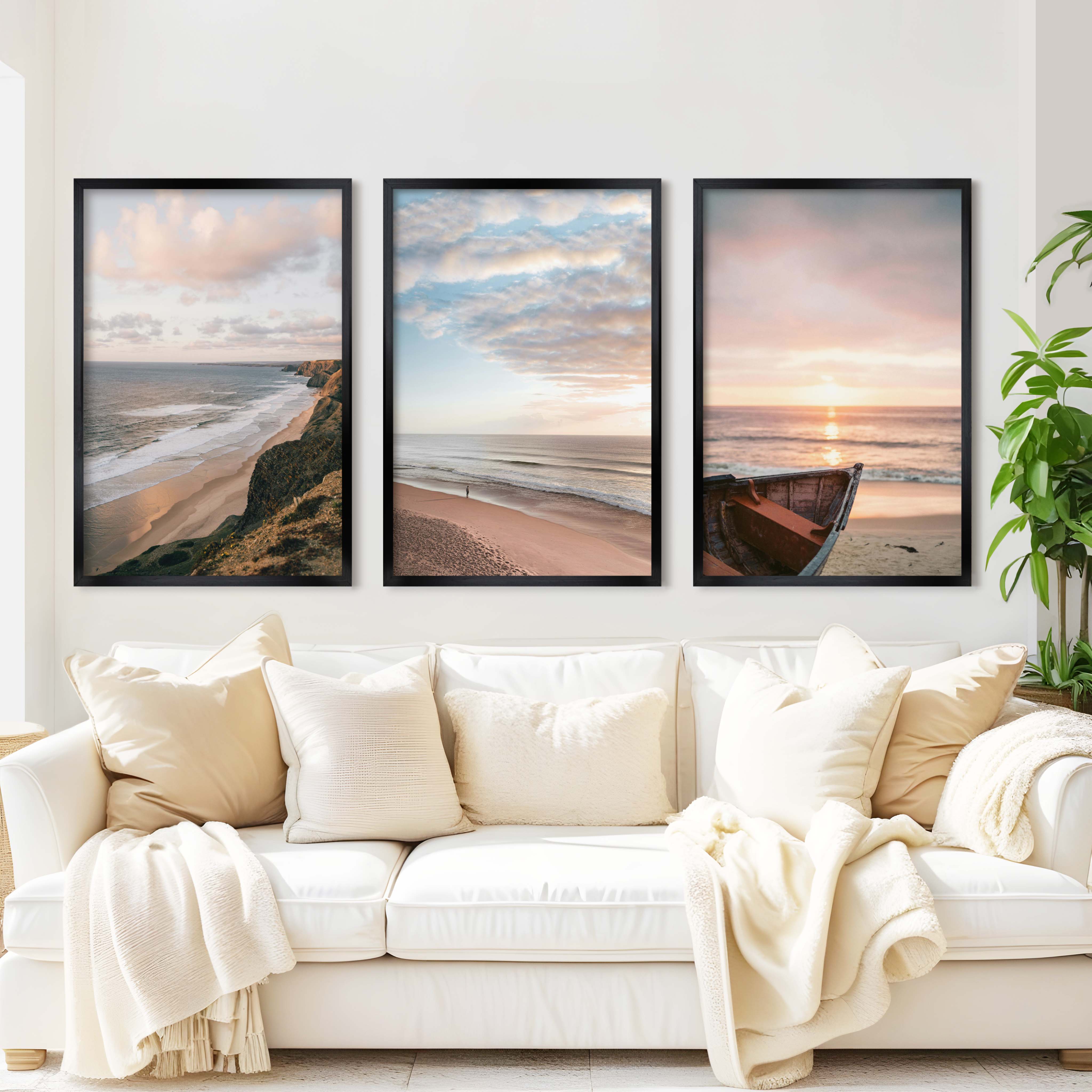 Picture Frame Gallery Wall Set – Boat, Coastline & Sandy Beach (Set of 3) - Black Framed Poster No Border - Artworksets