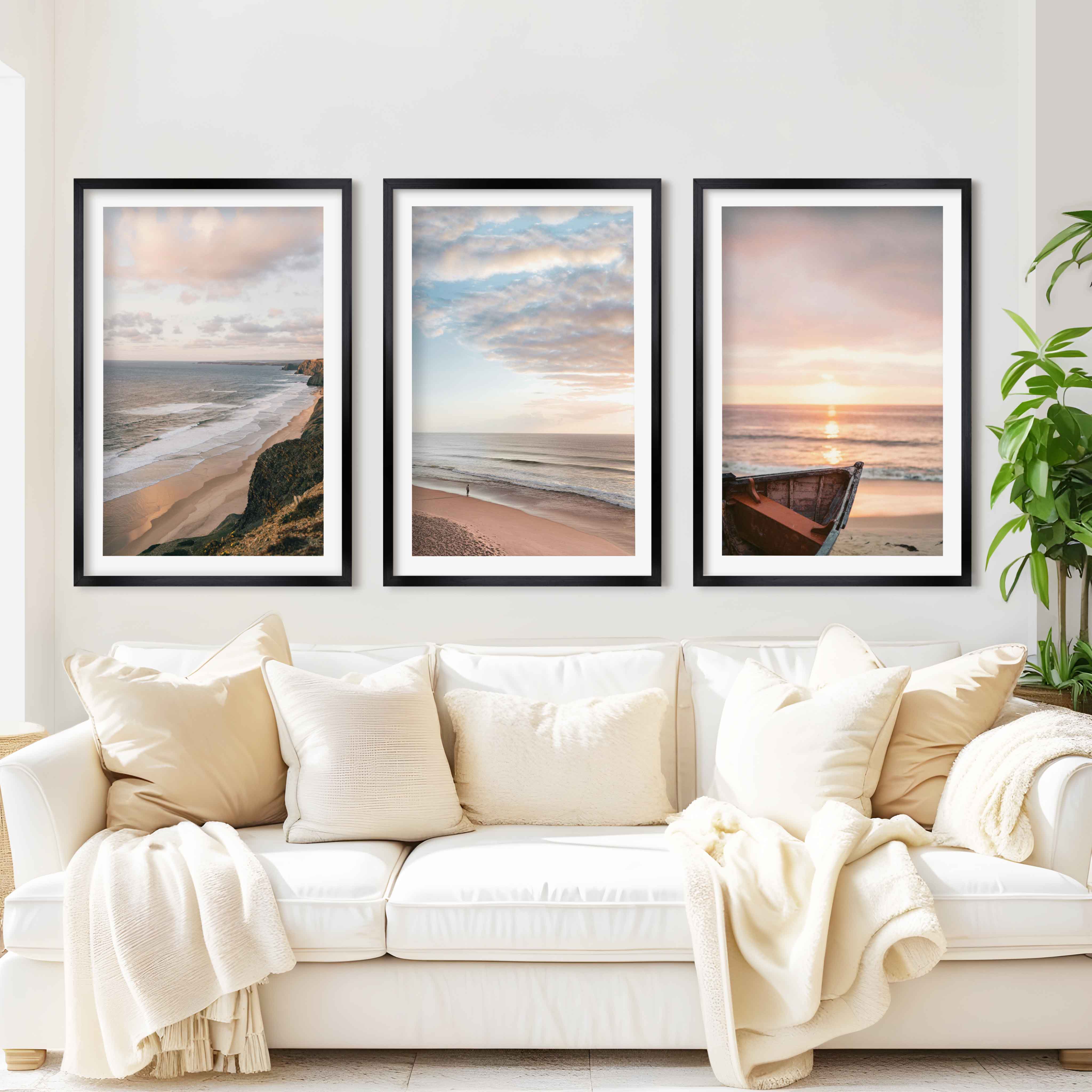 Picture Frame Gallery Wall Set – Boat, Coastline & Sandy Beach (Set of 3) - Black Framed Poster with White Border - Artworksets