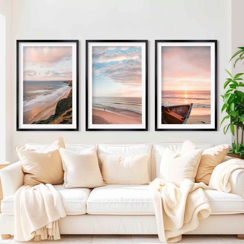 Picture Frame Gallery Wall Set – Boat, Coastline & Sandy Beach (Set of 3) - Black Framed Poster with White Border - Artworksets