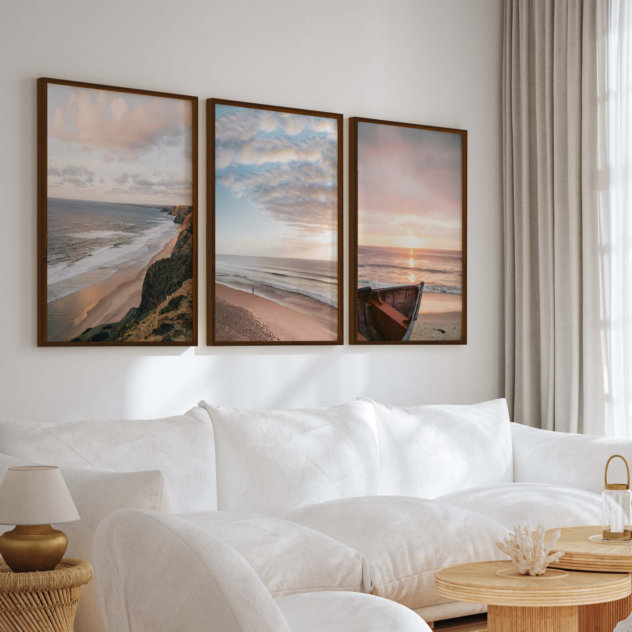 Picture Frame Gallery Wall Set – Boat, Coastline & Sandy Beach (Set of 3) - Dark Brown Framed Poster No Border - Artworksets