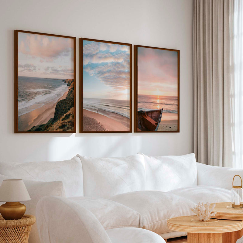 Picture Frame Gallery Wall Set – Boat, Coastline & Sandy Beach (Set of 3) - Dark Brown Framed Poster No Border - Artworksets
