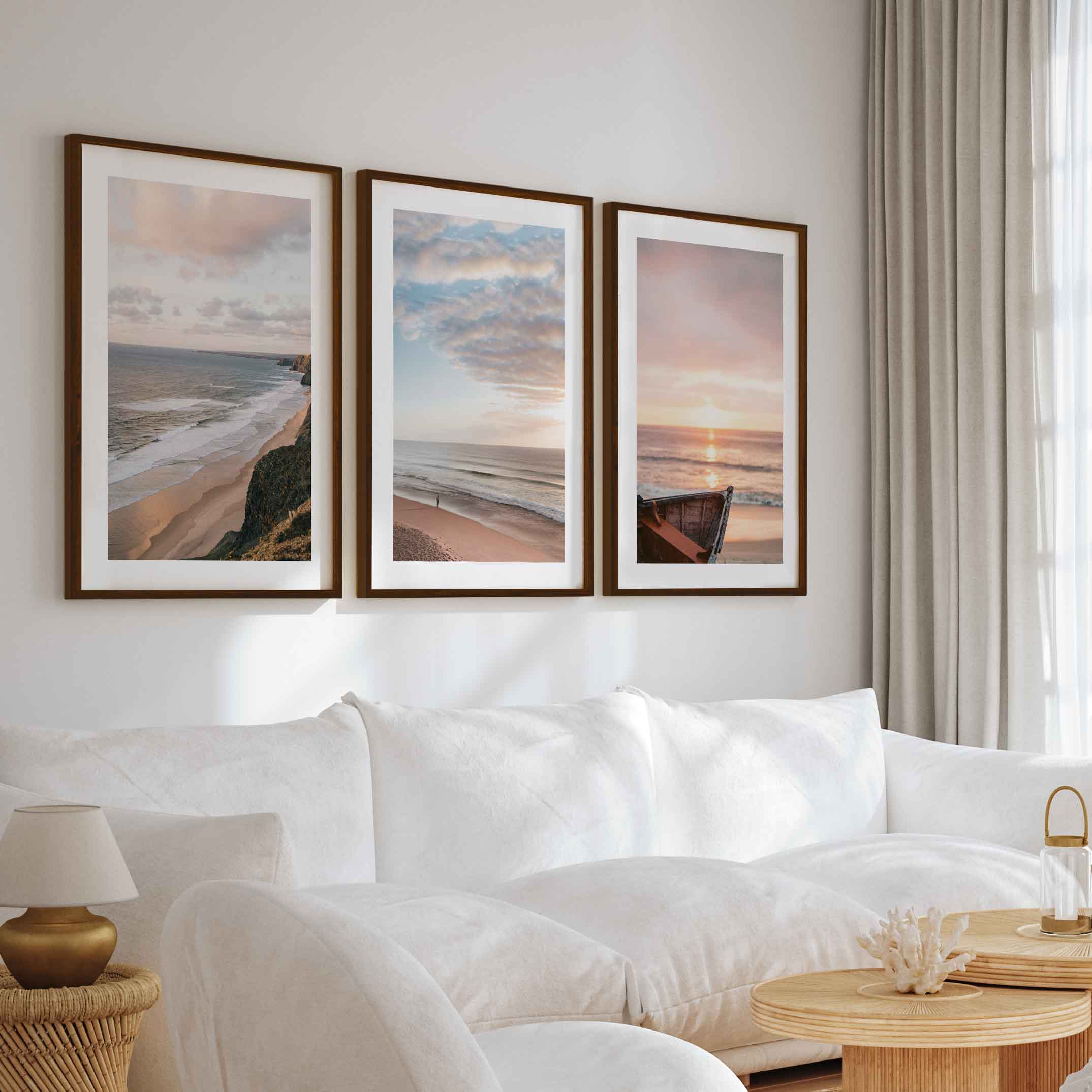 Picture Frame Gallery Wall Set – Boat, Coastline & Sandy Beach (Set of 3) - Dark Brown Framed Poster with White Border - Artworksets