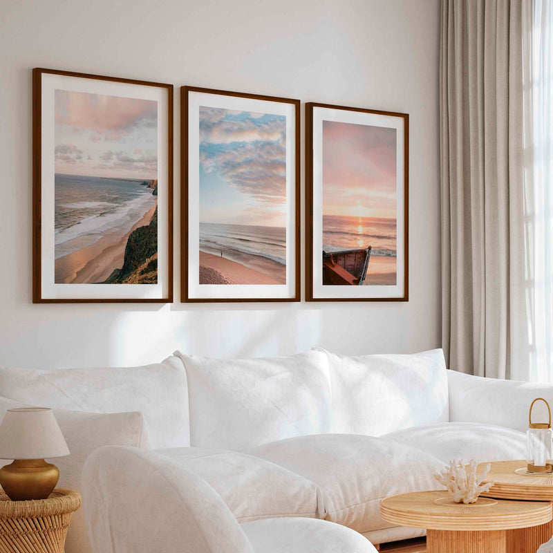 Picture Frame Gallery Wall Set – Boat, Coastline & Sandy Beach (Set of 3) - Dark Brown Framed Poster with White Border - Artworksets