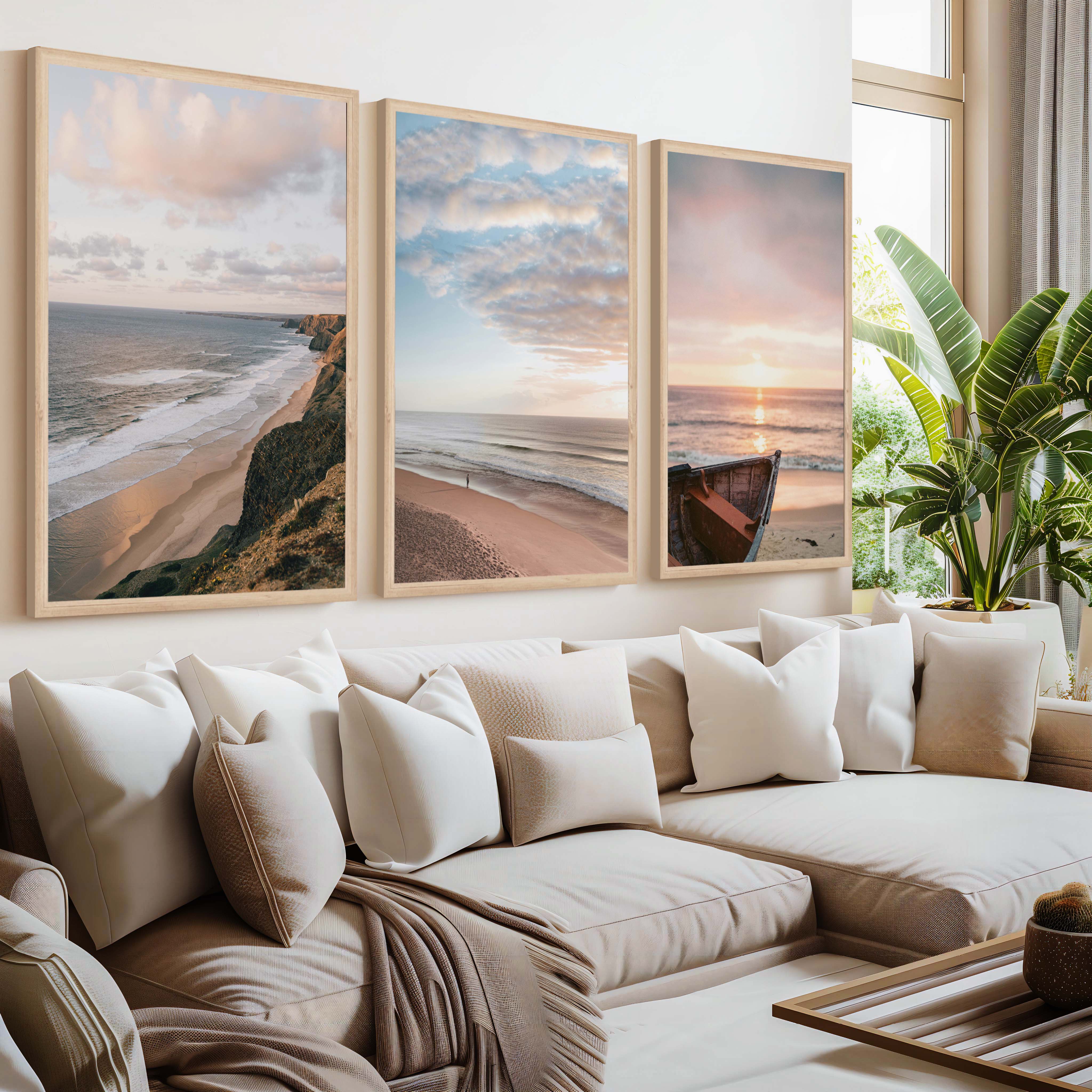 Picture Frame Gallery Wall Set – Boat, Coastline & Sandy Beach (Set of 3) - Natural Wood Framed Poster No Border - Artworksets