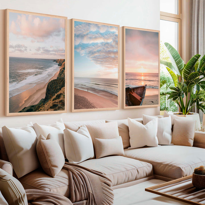 Picture Frame Gallery Wall Set – Boat, Coastline & Sandy Beach (Set of 3) - Natural Wood Framed Poster No Border - Artworksets