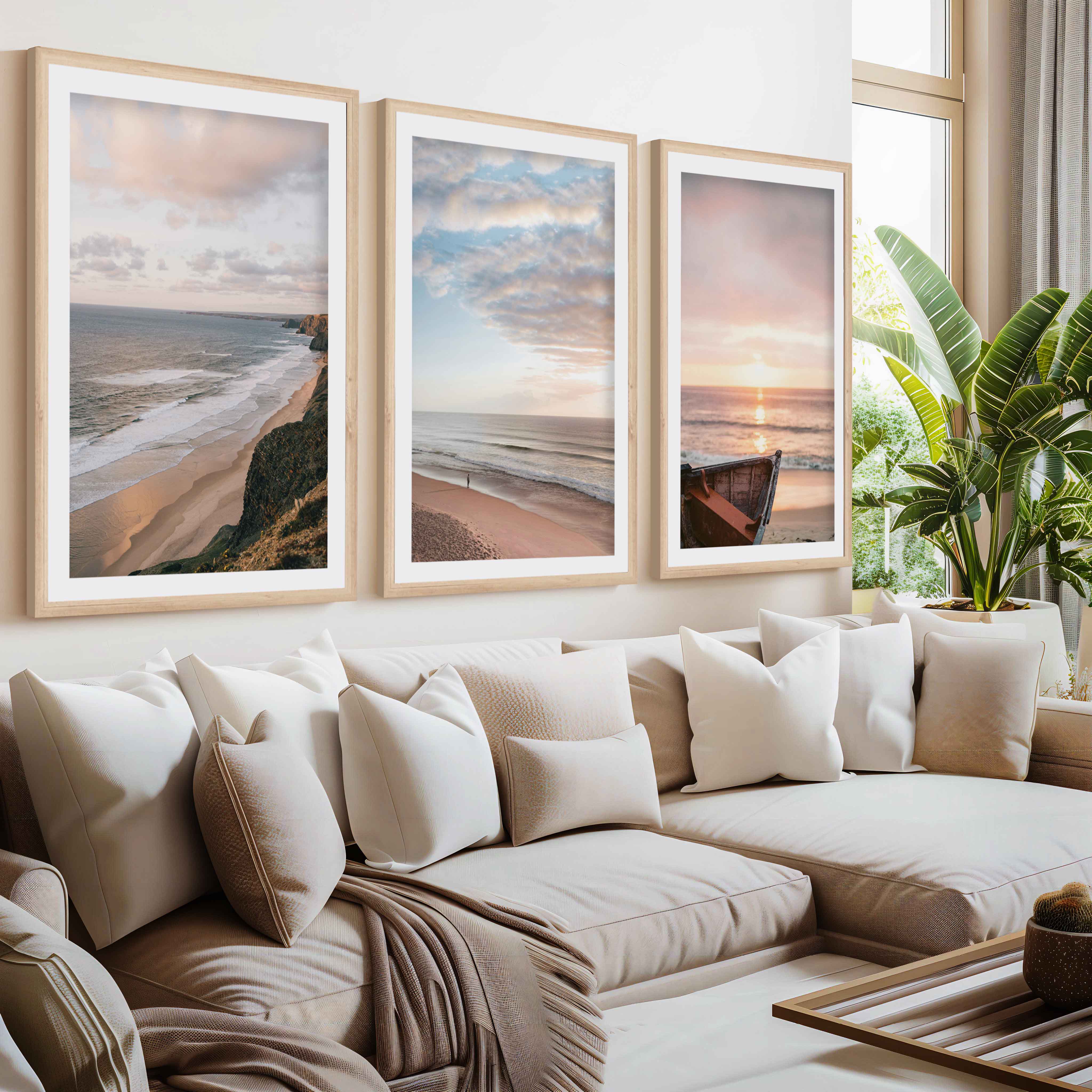 Picture Frame Gallery Wall Set – Boat, Coastline & Sandy Beach (Set of 3)- Natural Wood Framed Poster with White Border - Artworksets