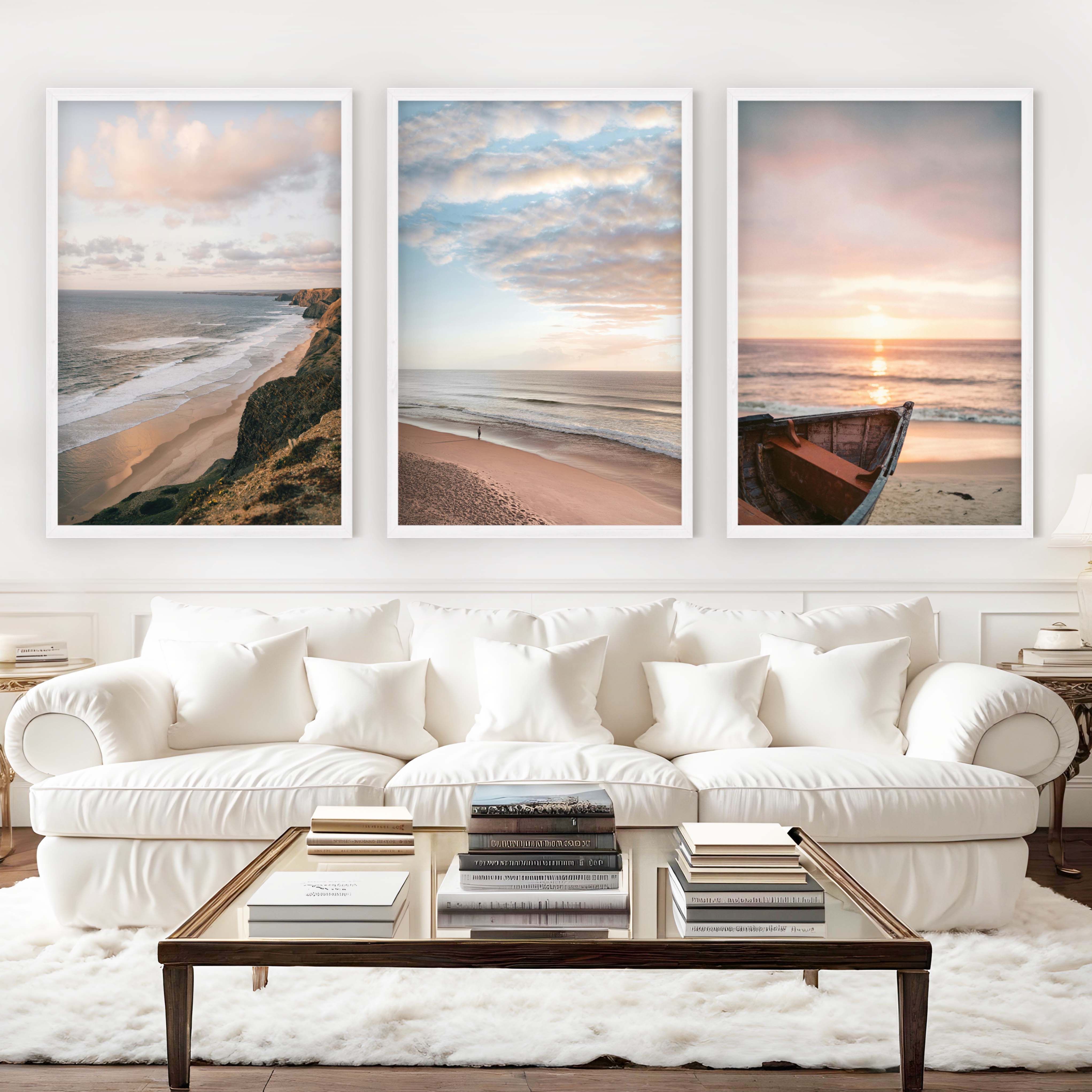 Picture Frame Gallery Wall Set – Boat, Coastline & Sandy Beach (Set of 3) - White Framed Poster No Border - Artworksets