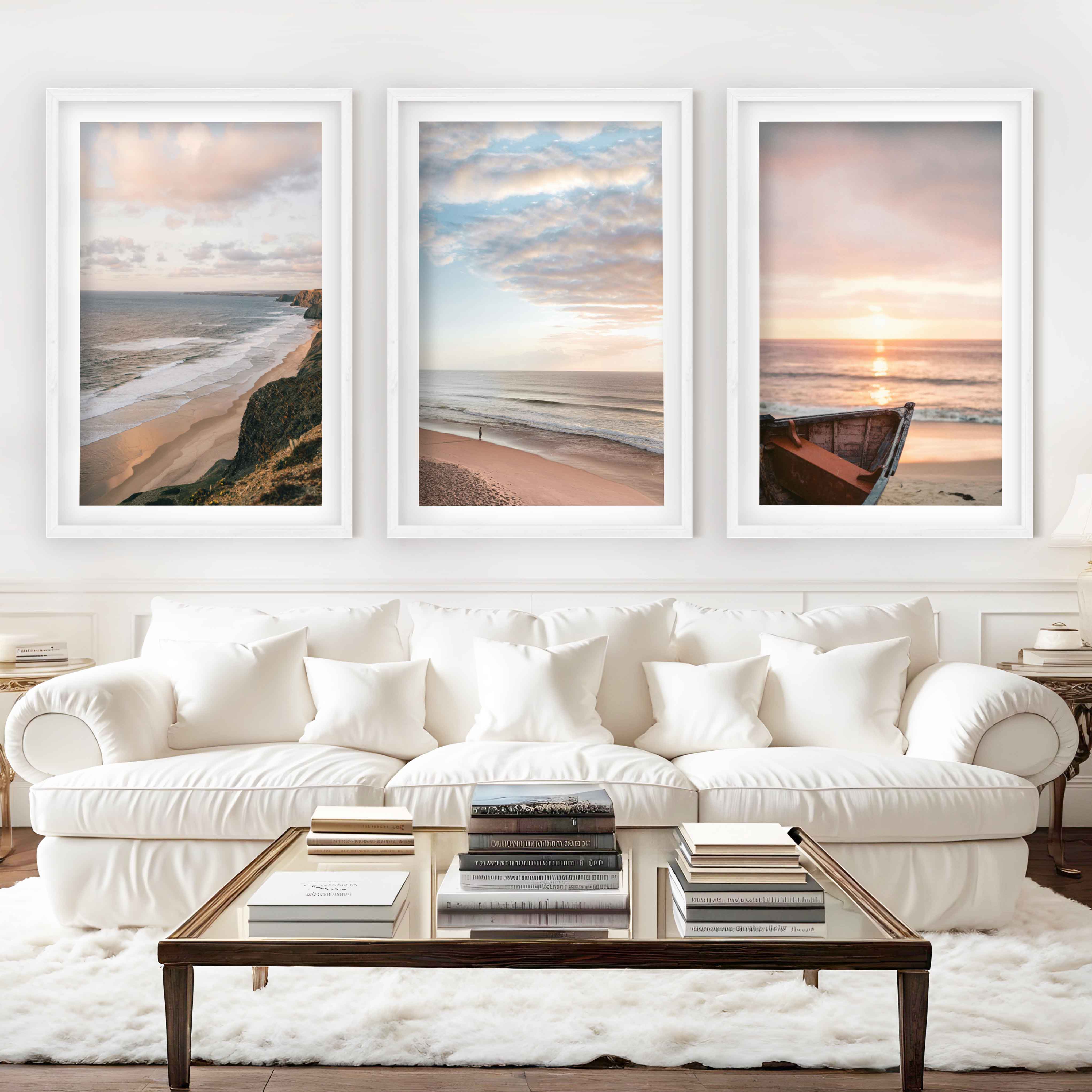 Picture Frame Gallery Wall Set – Boat, Coastline & Sandy Beach (Set of 3) - White Framed Poster with White Border - Artworksets