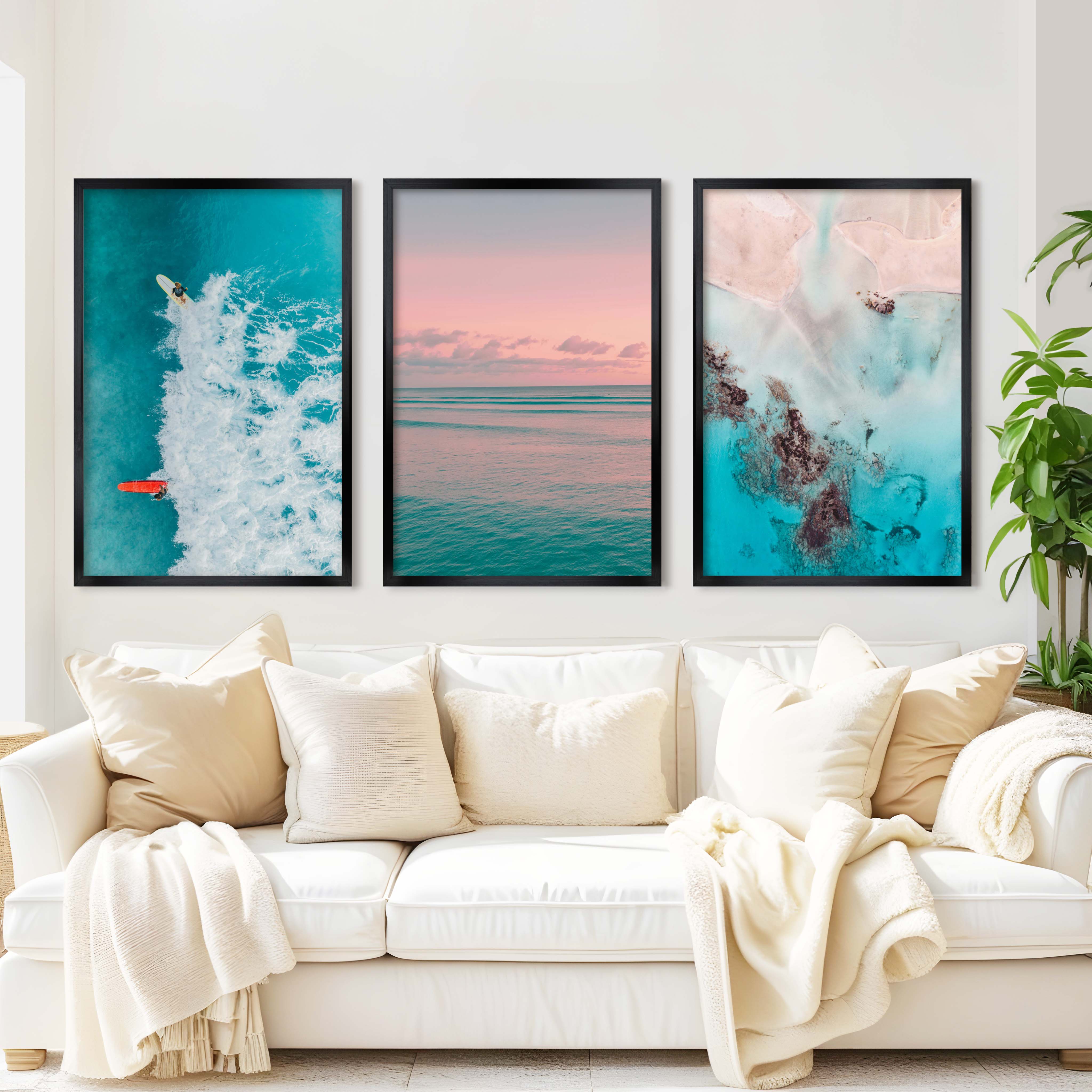 Pink Beach Wall Art – Pastel Ocean Print Set (3 Pieces) - Black Framed Poster No Border - Artworksets