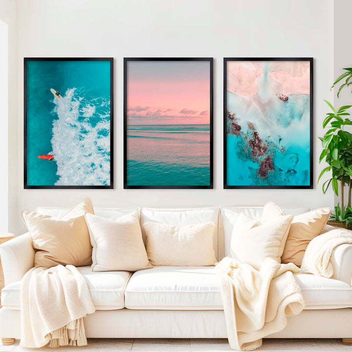 Pink Beach Wall Art – Pastel Ocean Print Set (3 Pieces) - Black Framed Poster No Border - Artworksets