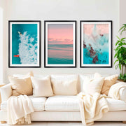 Pink Beach Wall Art – Pastel Ocean Print Set (3 Pieces) - Black Framed Poster with White Border - Artworksets