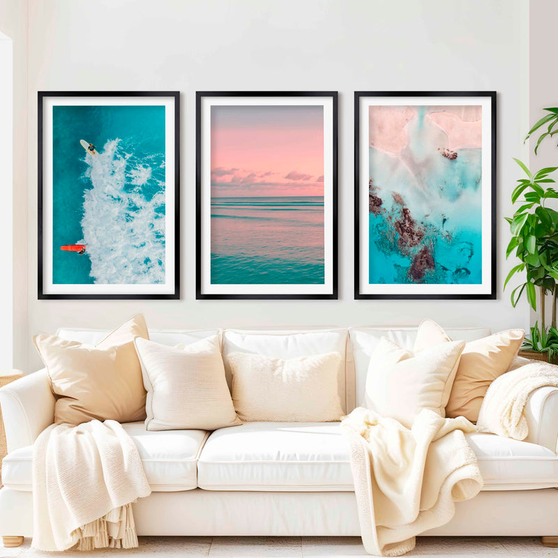 Pink Beach Wall Art – Pastel Ocean Print Set (3 Pieces) - Black Framed Poster with White Border - Artworksets