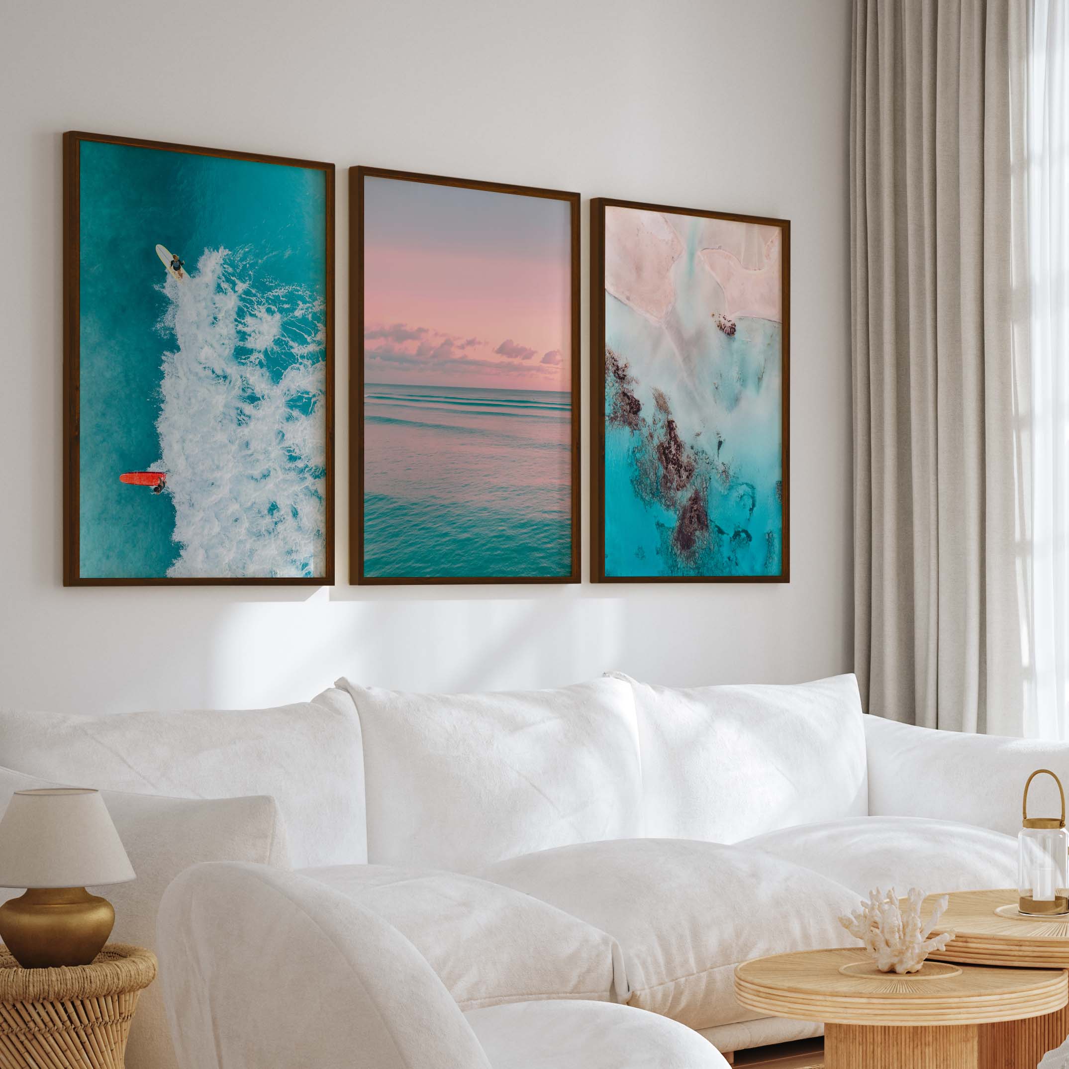 Pink Beach Wall Art – Pastel Ocean Print Set (3 Pieces) - Dark Brown Framed Poster No Border - Artworksets
