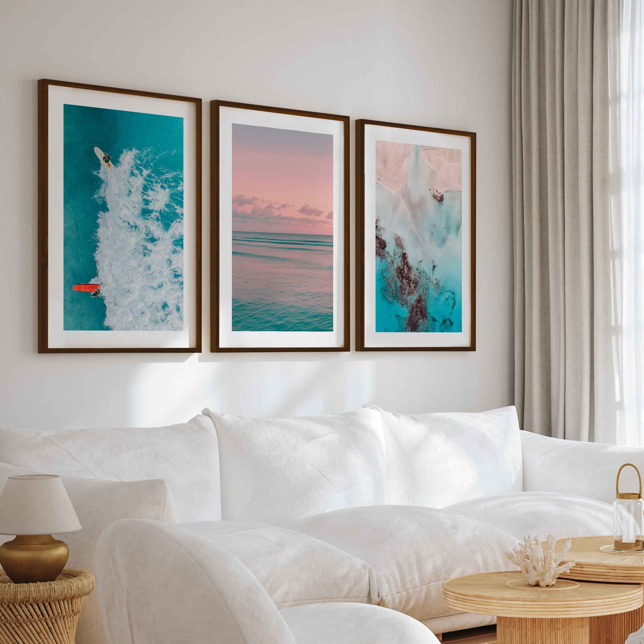 Pink Beach Wall Art – Pastel Ocean Print Set (3 Pieces) - Dark Brown Framed Poster with White Border - Artworksets