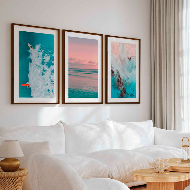 Pink Beach Wall Art – Pastel Ocean Print Set (3 Pieces) - Dark Brown Framed Poster with White Border - Artworksets
