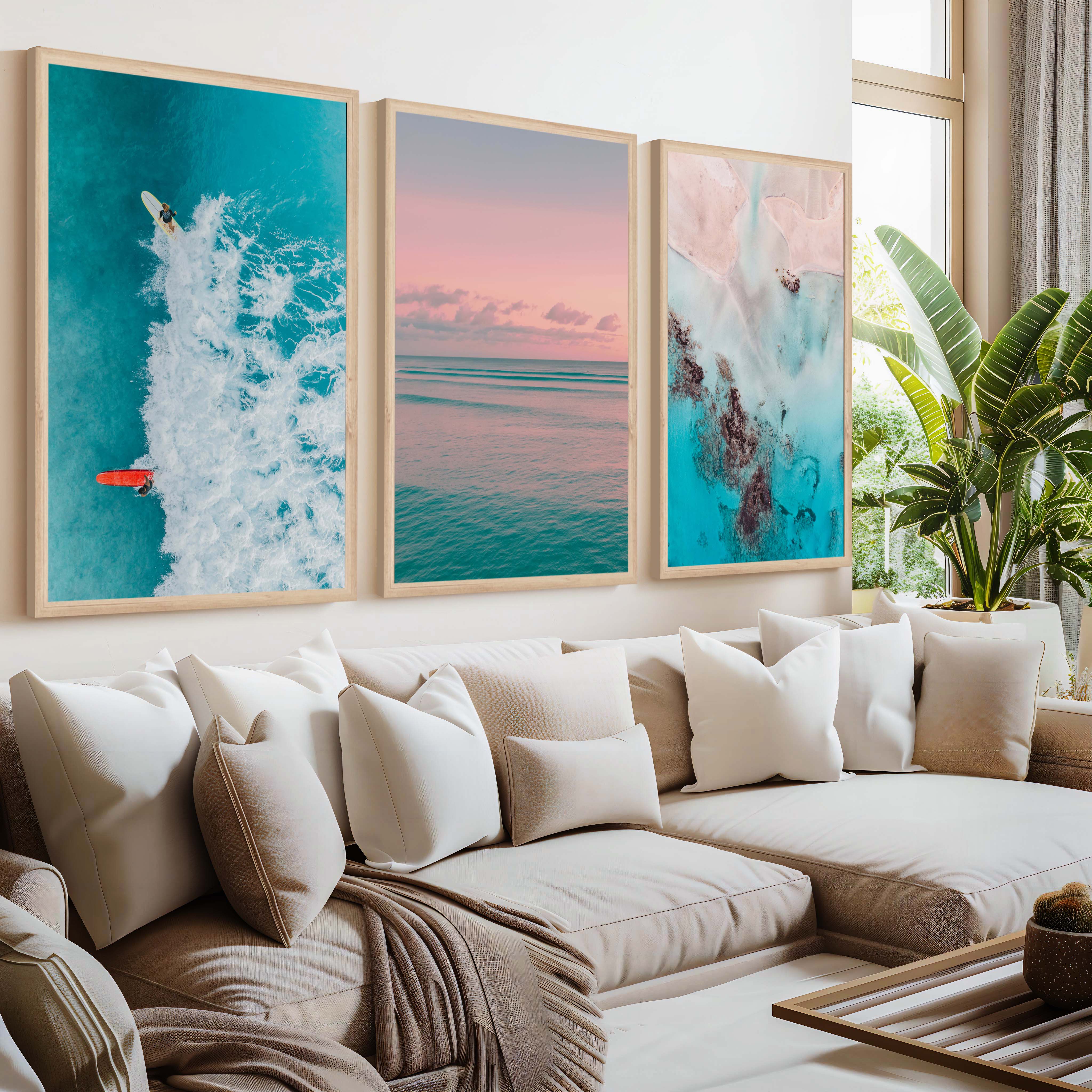 Pink Beach Wall Art – Pastel Ocean Print Set (3 Pieces) - Natural Wood Framed Poster No Border - Artworksets