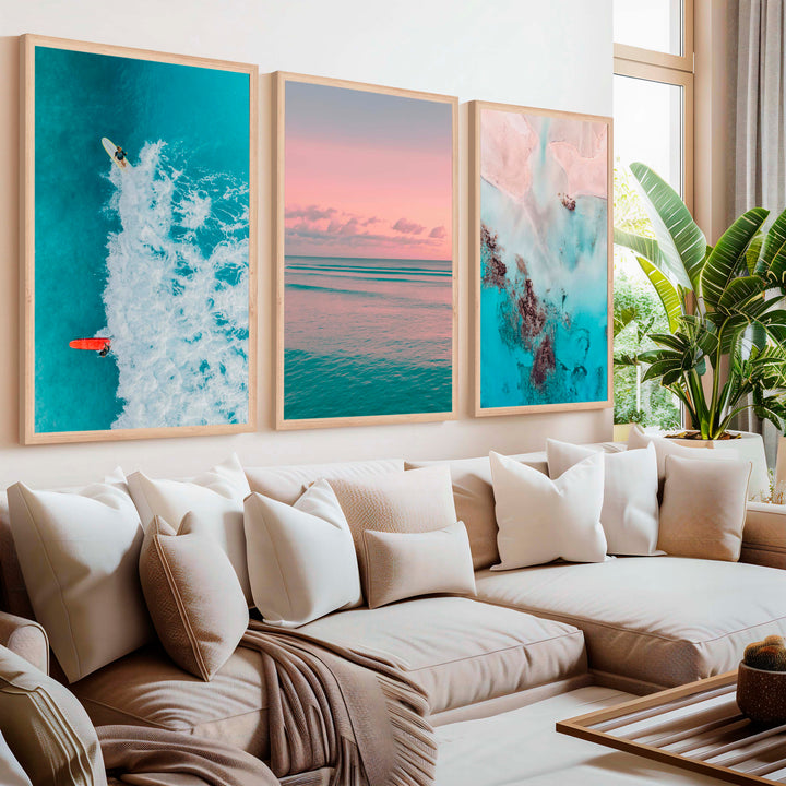 Pink Beach Wall Art – Pastel Ocean Print Set (3 Pieces) - Natural Wood Framed Poster No Border - Artworksets