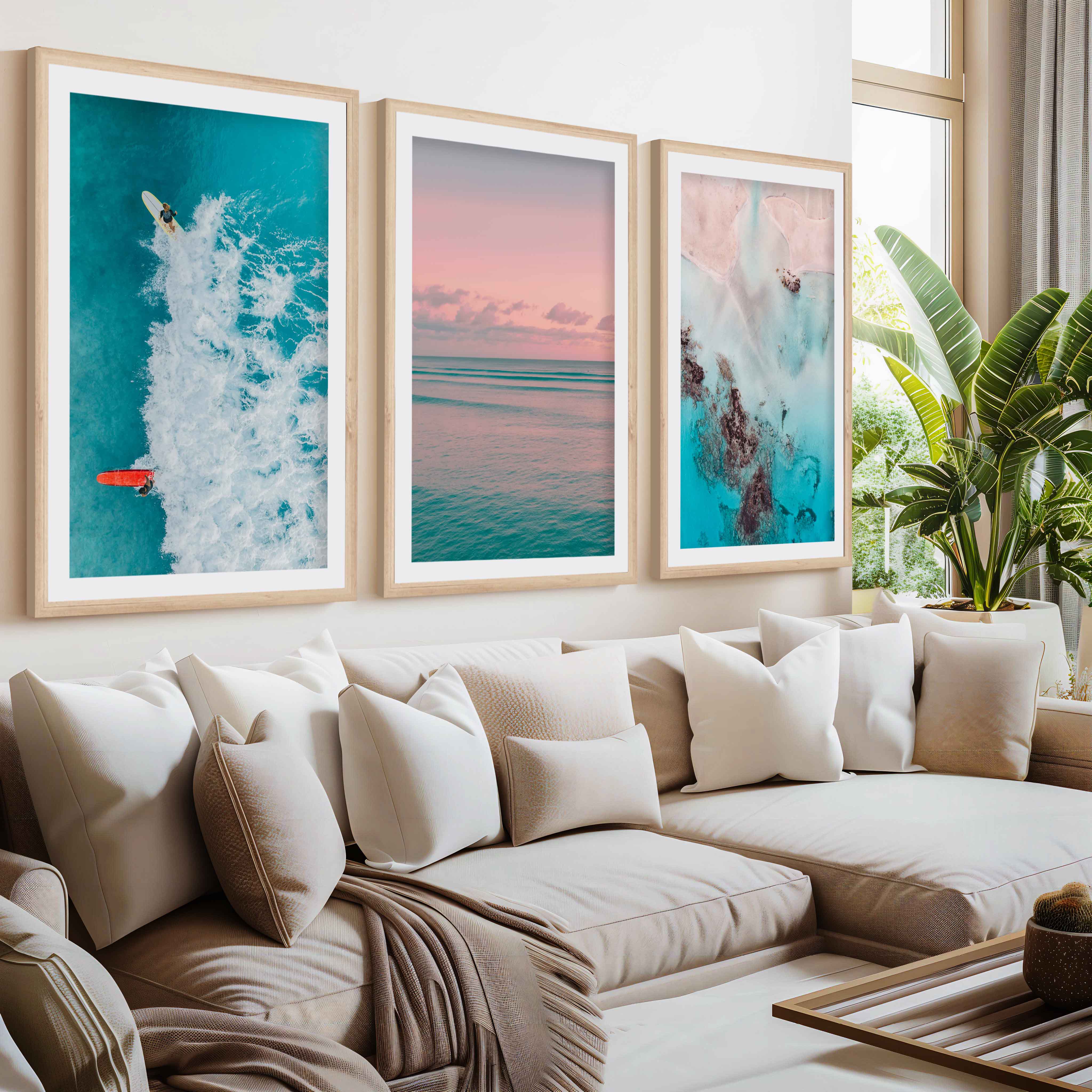 Pink Beach Wall Art – Pastel Ocean Print Set (3 Pieces)- Natural Wood Framed Poster with White Border - Artworksets