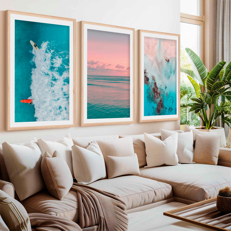 Pink Beach Wall Art – Pastel Ocean Print Set (3 Pieces)- Natural Wood Framed Poster with White Border - Artworksets