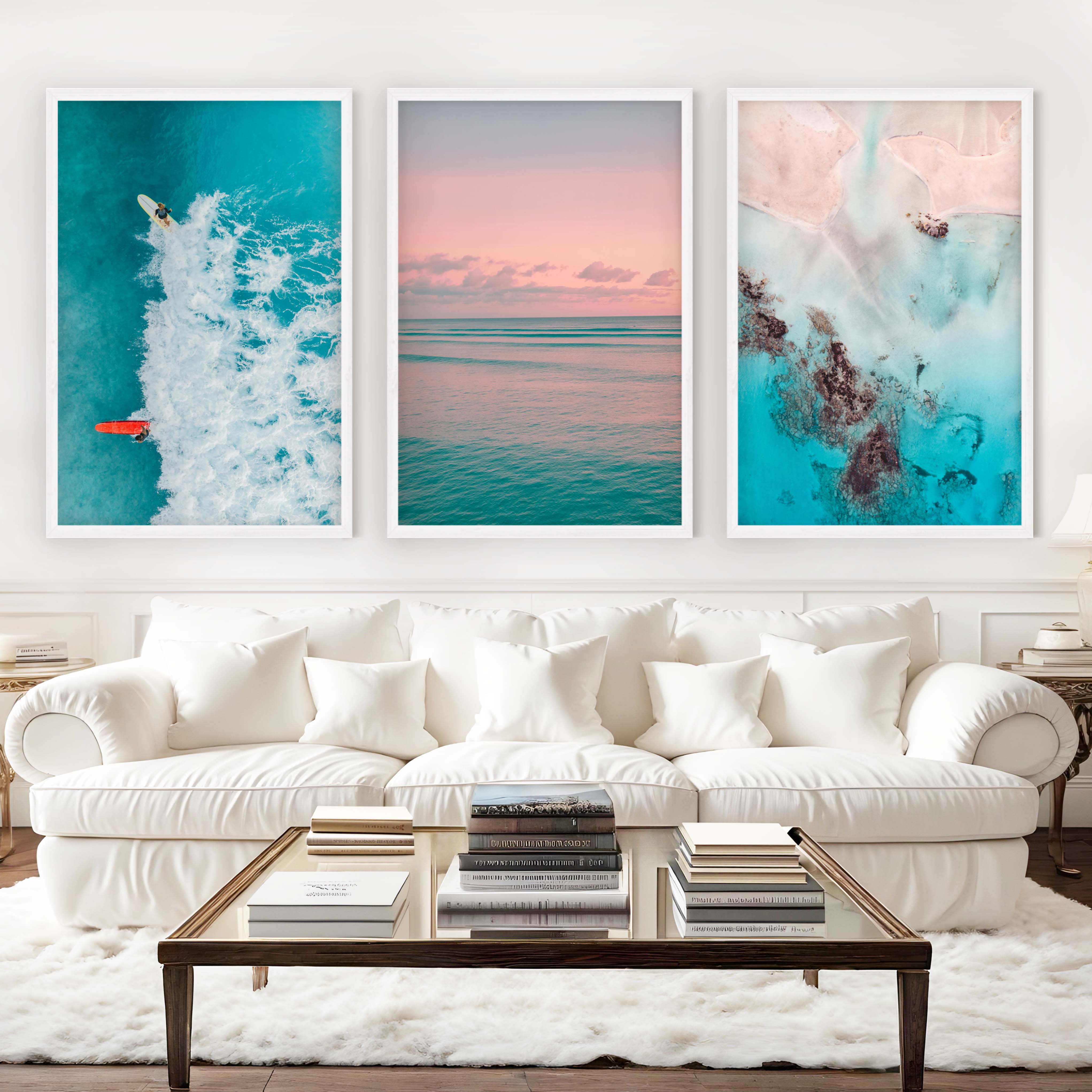 Pink Beach Wall Art – Pastel Ocean Print Set (3 Pieces) - White Framed Poster No Border - Artworksets