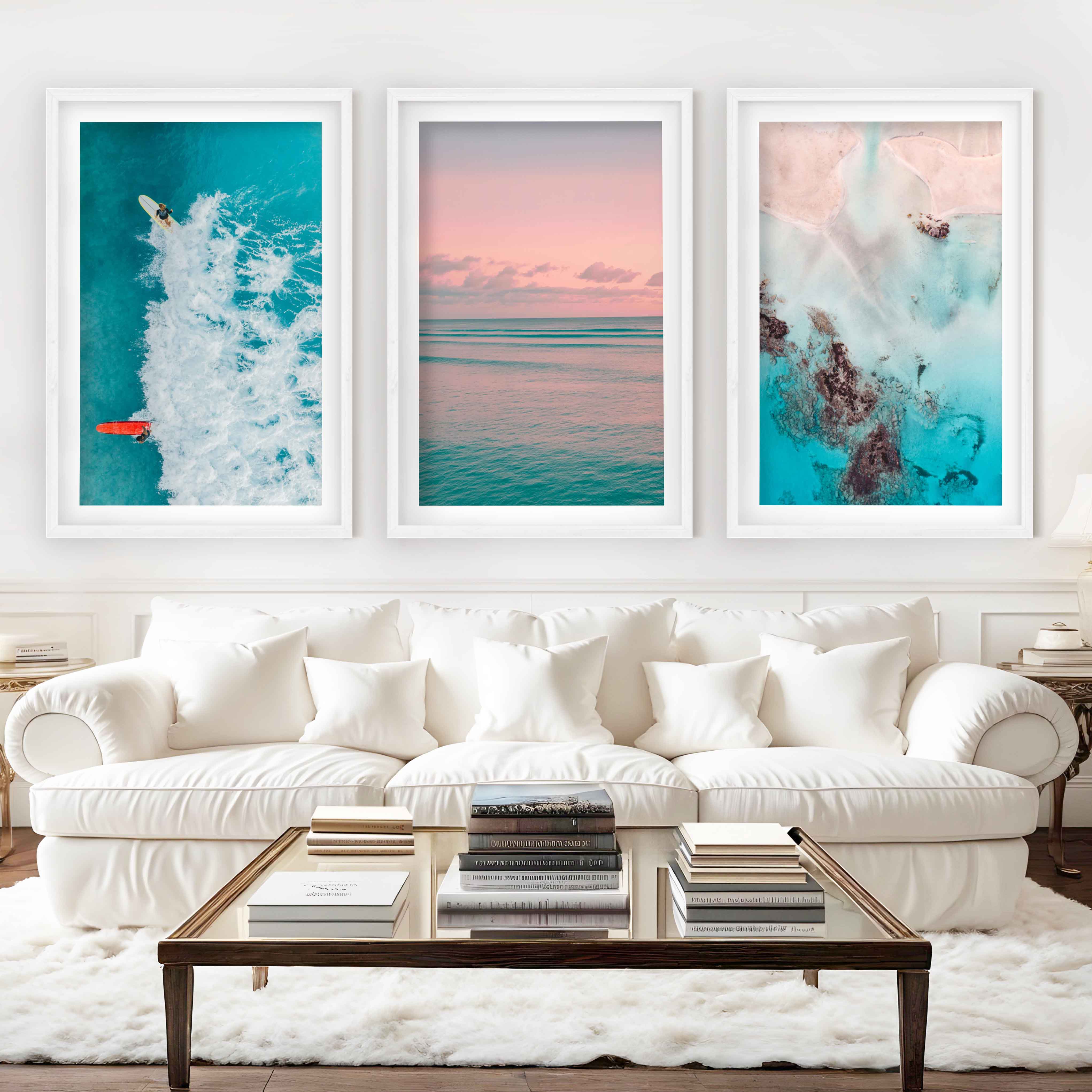 Pink Beach Wall Art – Pastel Ocean Print Set (3 Pieces) - White Framed Poster with White Border - Artworksets