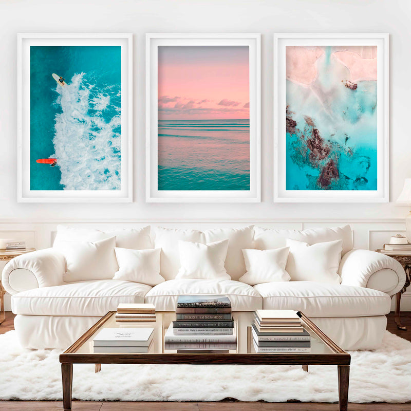 Pink Beach Wall Art – Pastel Ocean Print Set (3 Pieces) - White Framed Poster with White Border - Artworksets