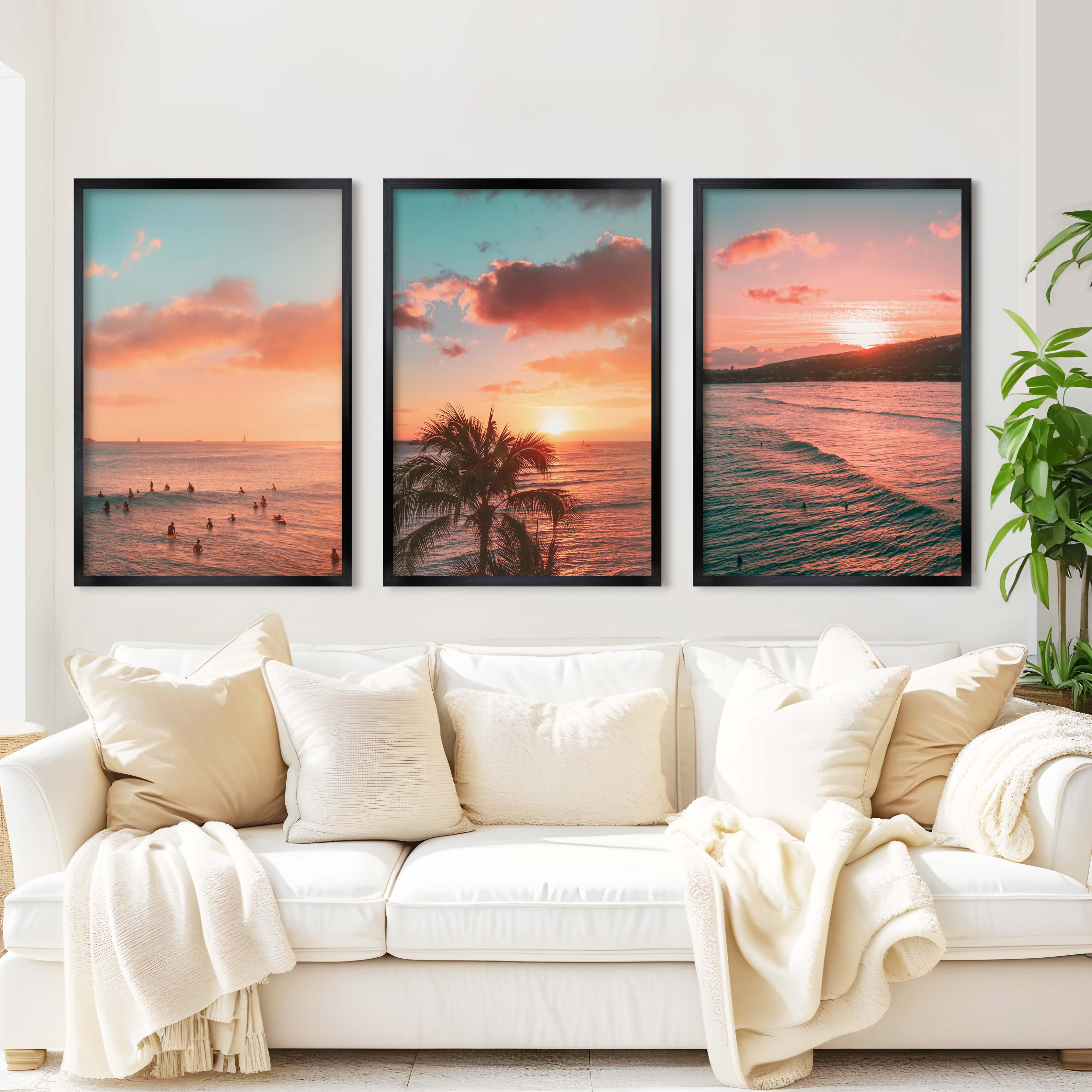 Pink Beach Wall Art – Sunset Coastal Print Set (3 Pieces) - Black Framed Poster No Border - Artworksets