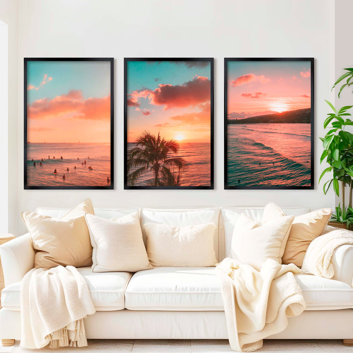 Pink Beach Wall Art – Sunset Coastal Print Set (3 Pieces) - Black Framed Poster No Border - Artworksets