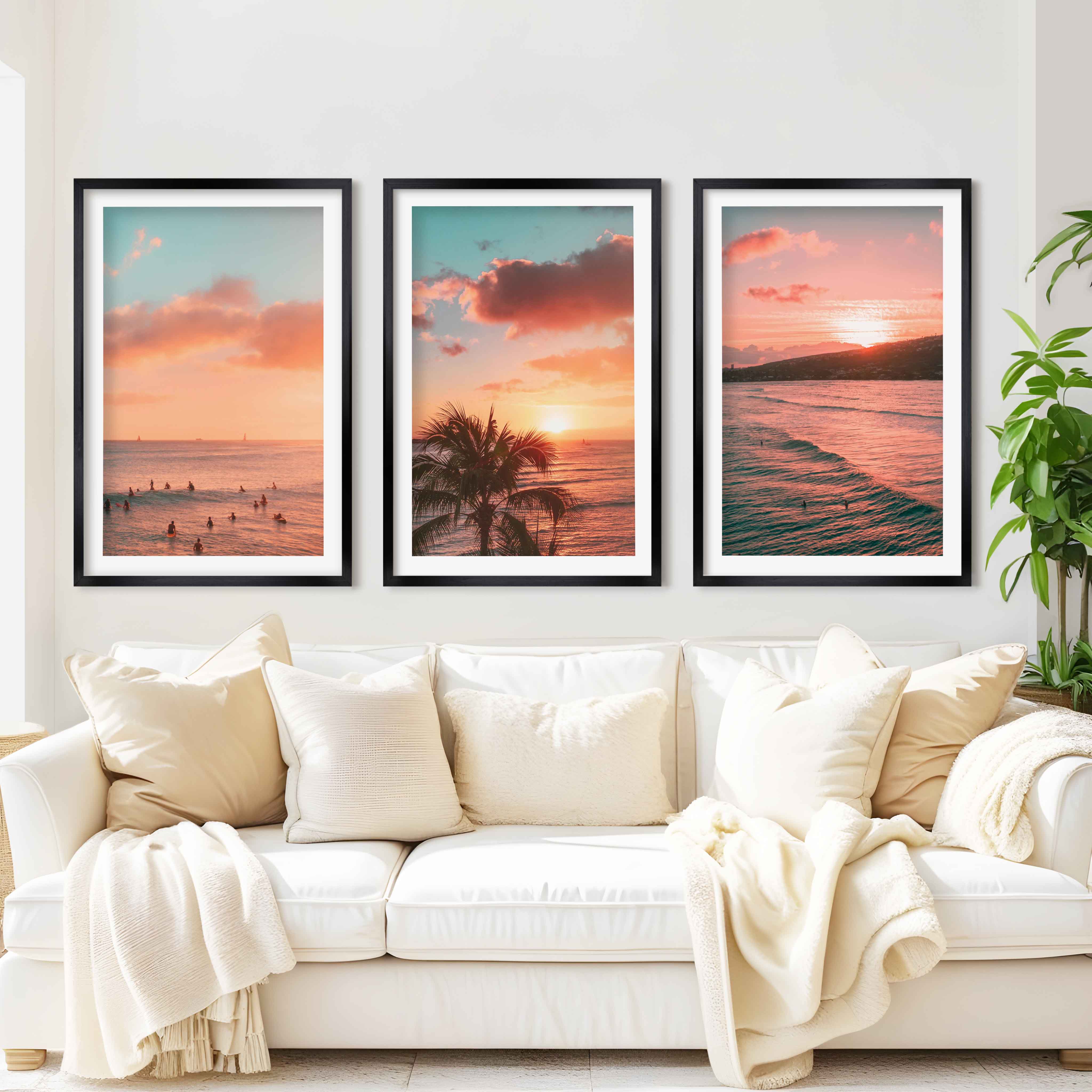Pink Beach Wall Art – Sunset Coastal Print Set (3 Pieces) - Black Framed Poster with White Border - Artworksets