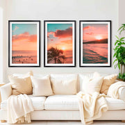 Pink Beach Wall Art – Sunset Coastal Print Set (3 Pieces) - Black Framed Poster with White Border - Artworksets