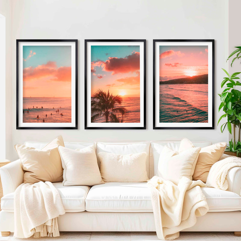 Pink Beach Wall Art – Sunset Coastal Print Set (3 Pieces) - Black Framed Poster with White Border - Artworksets