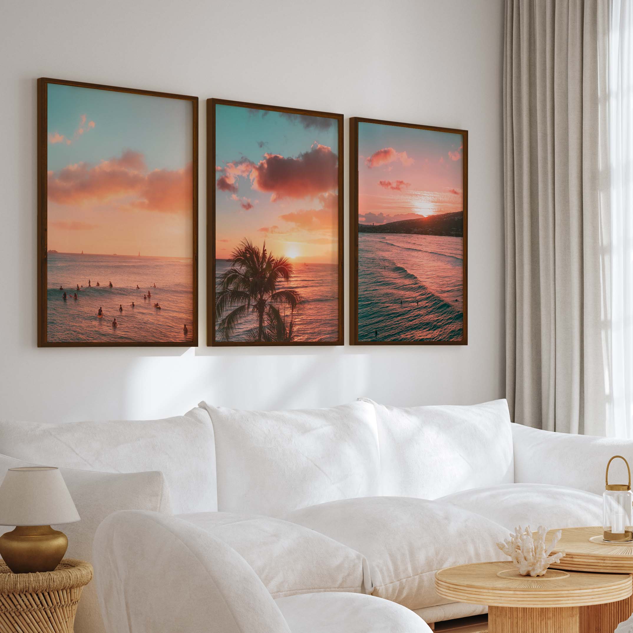 Pink Beach Wall Art – Sunset Coastal Print Set (3 Pieces) - Dark Brown Framed Poster No Border - Artworksets