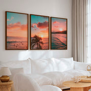 Pink Beach Wall Art – Sunset Coastal Print Set (3 Pieces) - Dark Brown Framed Poster No Border - Artworksets