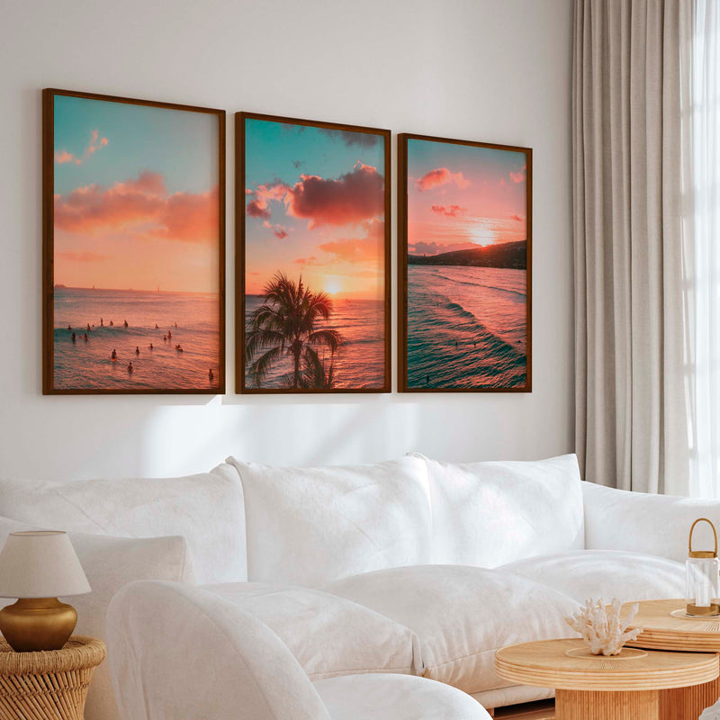 Pink Beach Wall Art – Sunset Coastal Print Set (3 Pieces) - Dark Brown Framed Poster No Border - Artworksets