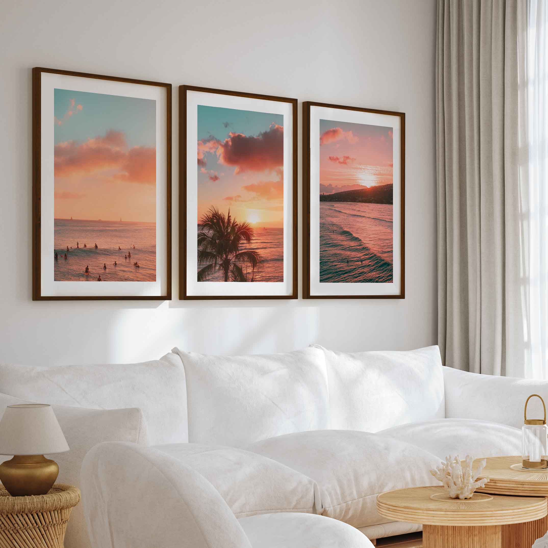 Pink Beach Wall Art – Sunset Coastal Print Set (3 Pieces) - Dark Brown Framed Poster with White Border - Artworksets