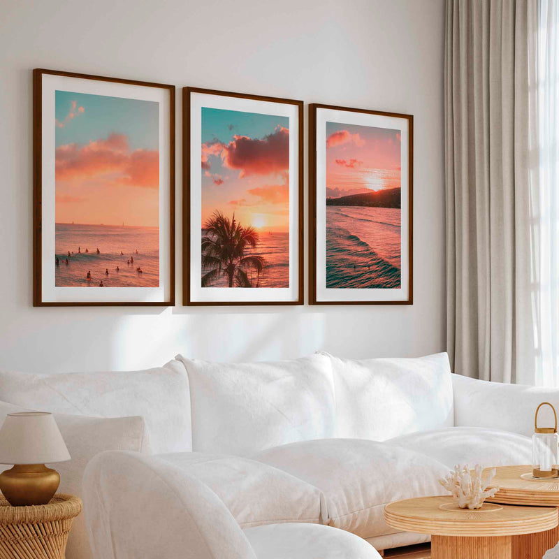 Pink Beach Wall Art – Sunset Coastal Print Set (3 Pieces) - Dark Brown Framed Poster with White Border - Artworksets