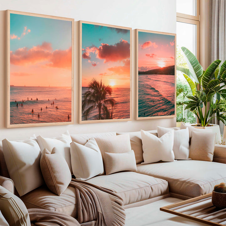 Pink Beach Wall Art – Sunset Coastal Print Set (3 Pieces) - Natural Wood Framed Poster No Border - Artworksets