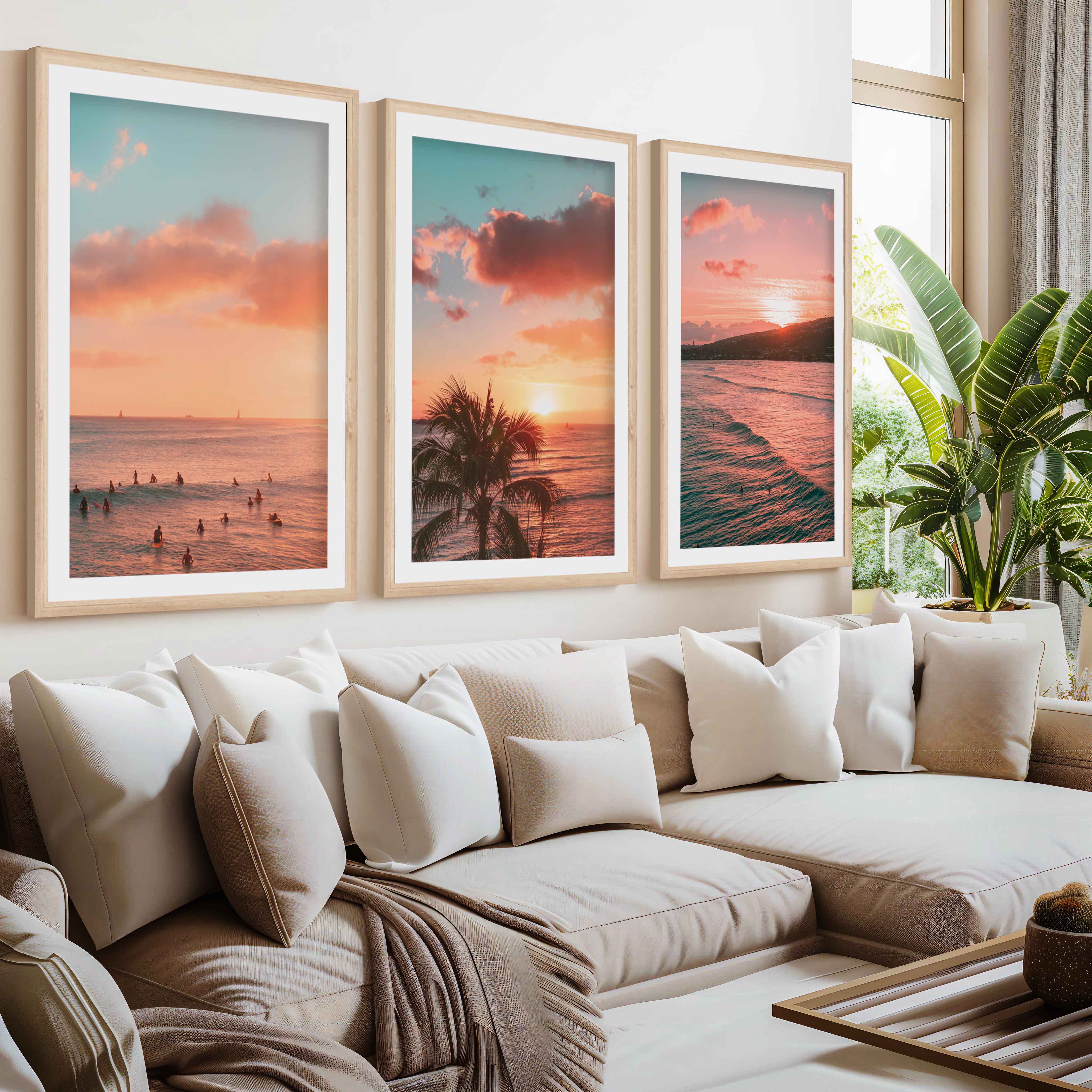 Pink Beach Wall Art – Sunset Coastal Print Set (3 Pieces)- Natural Wood Framed Poster with White Border - Artworksets